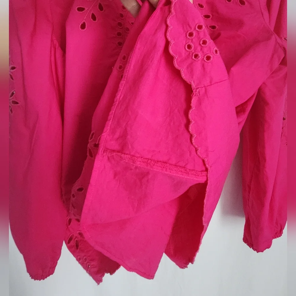 J.Crew Mockneck Cotton Eyelet Top With Cami, Size L,  Fuchsia Pink, Excellent